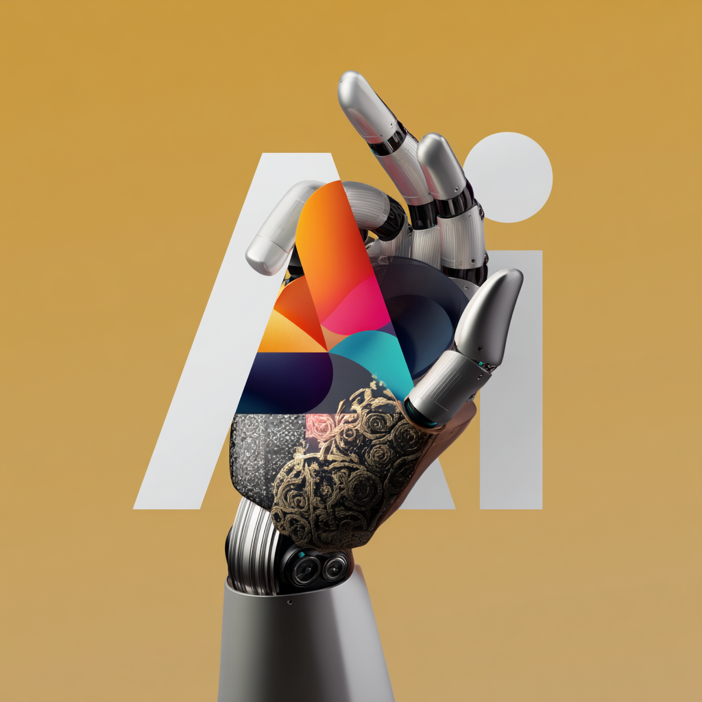 Composition artistique d’un robot avec main levée et branding AI.